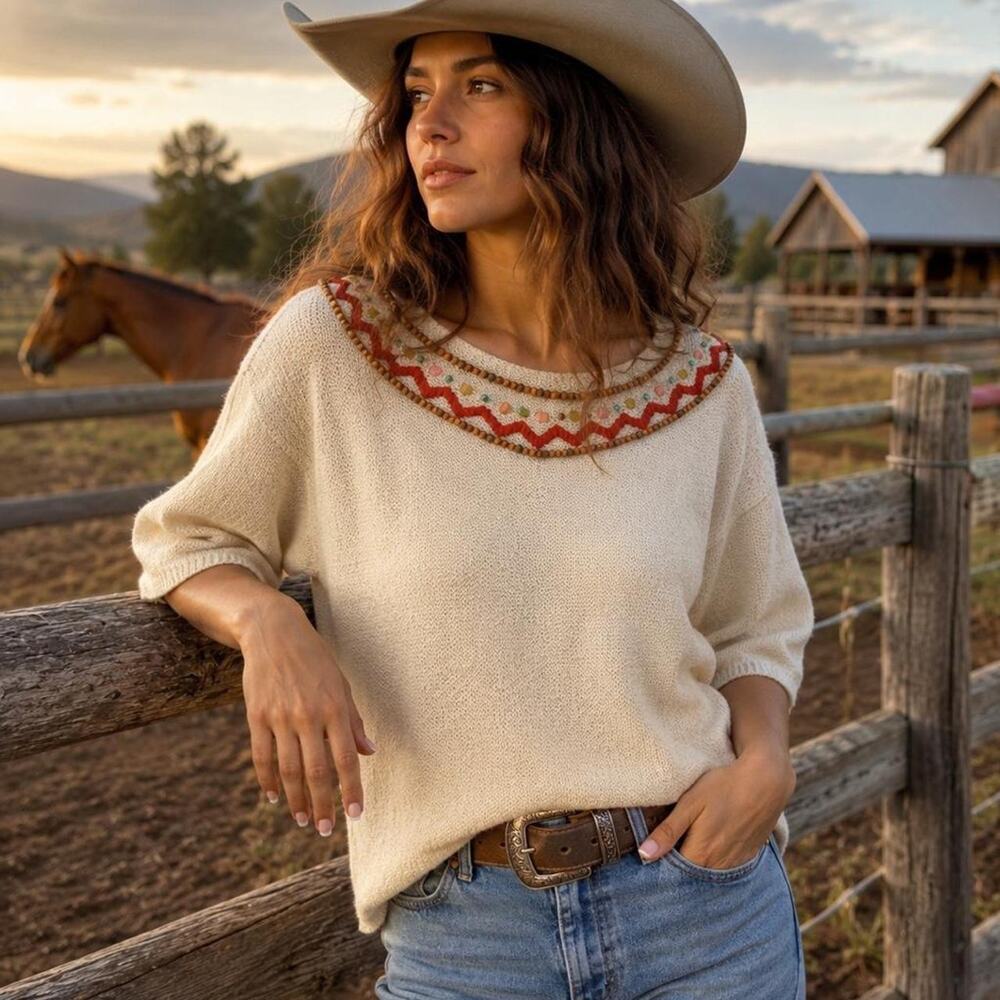 Double D Ranch‎ Beaded Linen Blend Southwestern Sweater Top Boho Western